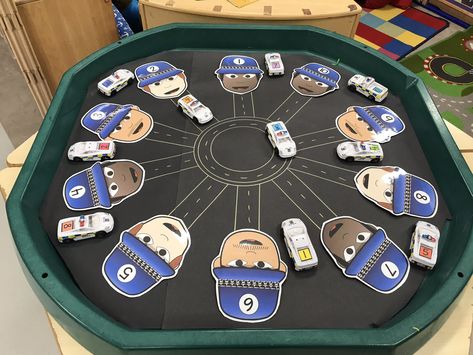 Number recognition - car map/ police themed tuff spot Police Tuff Tray Ideas, Occupations Eyfs Activities, People That Help Us Eyfs Activities, People Who Help Us Activities Preschool, People That Help Us Preschool Activities, Police Theme Preschool, Emergency Services Tuff Tray, Emergency Services Eyfs Activities, Police Eyfs Activities