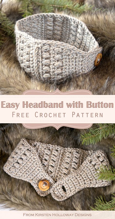 Easy Crochet Headband with Button Closure {Free Pattern Tutorial} | Kirsten Holloway Designs - Kirsten Holloway Designs Crochet Ear Warmer Free Pattern, Crochet Ear Warmer Pattern, Crochet Headband Free, Easy Crochet Headbands, Crochet Hairband, Boho Crochet Patterns, Crochet Headband Pattern Free, Crochet Headband Pattern, Crochet Hair Accessories