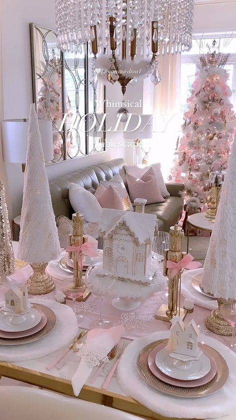 My Candyland Christmas table is set and ready for the weekend festivities!✨🍬🌸🍭🍽️🥂🍭🌸🍬✨ Layers of fun in pretty pastels inspired by these… | Instagram Pink Christmas Table Centerpieces, Pink Candyland Christmas Tree, Pink Christmas Table Runner, Pink Christmas Dinner Table, Christmas Decor Ideas House, Pink And White Christmas Aesthetic, Christmas Decor On Shelves, Red Pink And Green Christmas, Pastel Christmas Decor Ideas