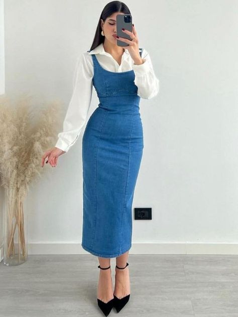 Outfit Inspo For Puerto Rico, Chic And Classy Outfits, Denim Dress Outfit Ideas, Stylish Modest Outfits, Stylish Denim Outfits, Classy Elegant Dress, Classy Elegant Outfits, Modest Casual, Modest Dresses Fashion