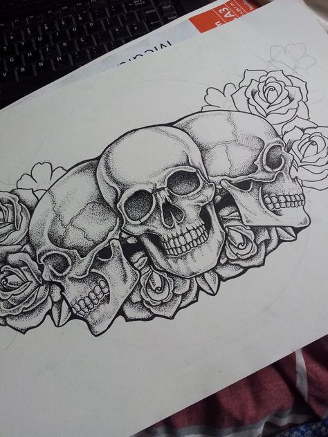 Dot Skull and Roses Chest Piece Tattoo in progress by kirstynoelledavies                                                                                                                                                                                 More Chest Piece Tattoo, Chest Neck Tattoo, Rose Chest Tattoo, Skull Rose Tattoos, Rose Tattoos For Women, Cool Chest Tattoos, Roses Tattoo, Pieces Tattoo, Chest Tattoos For Women