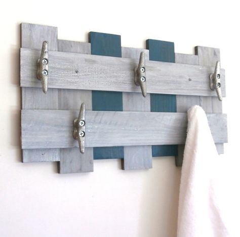 Beach Decor Towel Rack in Weathered Gray & by RusticForestStudio Wood Towel Rack Bathroom, Room Beach Decor, Reclaimed Wood Towel Rack, Boat Cleat Towel Rack, Coastal Decor Bathroom, Wood Towel Rack, Beach House Bathroom, Nautical Bathroom Decor, Beach Theme Bathroom