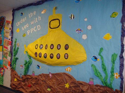 Submarine Bulletin Board, Guidance Bulletin Boards, Fish Bulletin Boards, Commotion In The Ocean, Toddler Bulletin Boards, Ocean Bulletin Board, Bulletin Ideas, Summer Bulletin Boards, Montessori Shelf