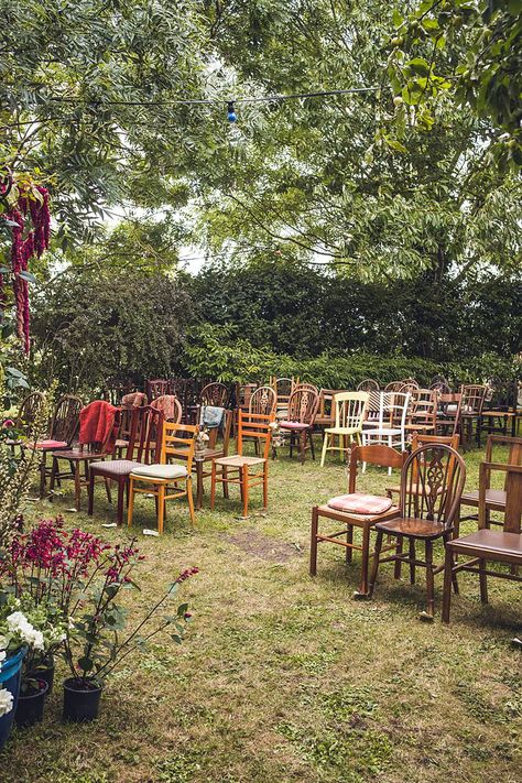 Back Garden Wedding, Hippie Wedding, Garden Wedding Inspiration, Wooden Chairs, Whimsical Wonderland Weddings, Future Wedding Plans, Garden Party Wedding, Wildflower Wedding, Whimsical Wedding