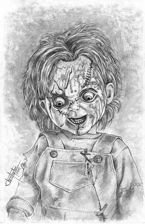 The art of Christopher Leone Chucky Drawing Pencil, Chucky Drawing, Chucky Tattoo, Chucky Movies, Chucky Horror Movie, All Horror Movies, Horror Drawing, Chucky Doll, Horror Movie Icons