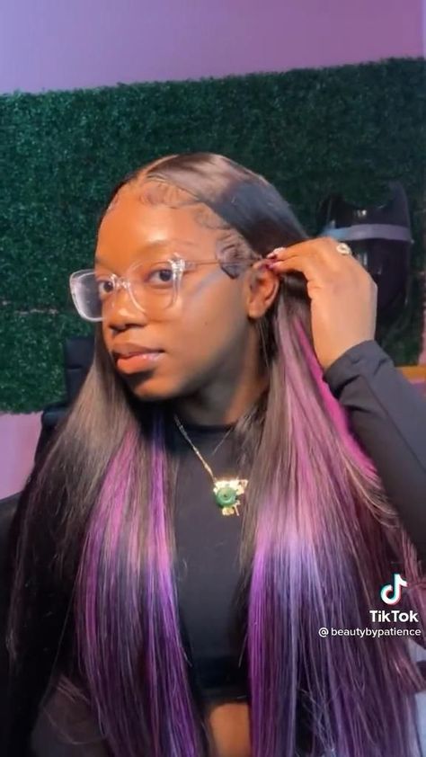 Leave Out Sew In Weave Peekaboo, Two Toned Quick Weave, Sew In Hairstyles Peek A Boo, Quick Weave With Peekaboo, Sew In With Purple Highlights, Peekaboo Hair Color Wig, Sew In Peek A Boo, Peekaboo Quick Weave Middle Part, Cute Sew In Hairstyles With Color