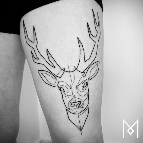 Single Line Tattoos Deer Head Tattoo, Deer Tattoo Designs, Stag Tattoo, Mo Ganji, Tier Tattoo, One Line Tattoo, Gamer Tattoos, Single Line Tattoo, Deer Tattoo