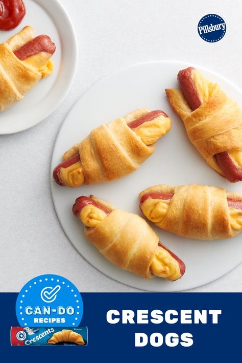 Pig-in-a-blanket meets Pillsbury crescents and melted cheese for some weeknight fun! Let the kiddos build their own crescent dogs by letting them roll the hotdogs in the dough. Just set out all the fixings and watch the family make their own rolled-up creations. Cheese Pigs In A Blanket, Pigs In A Blanket Recipe Hotdogs, Hotdogs Crescent Rolls, Pigs In A Blanket With Cheese Recipe, Pillsbury Pigs In A Blanket Recipe, Pigs In Blanket Crescent Rolls, Crescent Roll Hotdogs, Cresent Roll Hotdogs, Crescent Roll Pigs In A Blanket