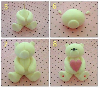 How to make a fondant teddy bear {Tutorial} http://caketrails-nz.blogspot.com/2011/01/how-to-make-fondant-teddy-bear.html Fondant Teddy Bear, Cupcake Fondant, Teddy Bear Cakes, Fondant Animals, Cake Topper Tutorial, Fondant Cake Toppers, Fondant Tutorial, Fondant Decorations, Fondant Flowers