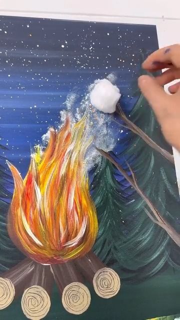 Campfire Painting Easy, Campfire Painting, Campfire Watercolor Paintings, Campfire Painting Tutorial, Night Camping Painting, Forest Campfire Painting, Campfire Oil Painting, Fire Painting, Bonfire Night