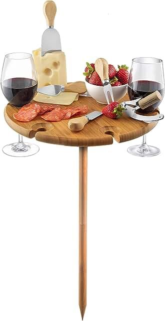 Bamboo Wine Picnic Table - Portable Outdoor Wine and Cheese Tray with Serving Utensils and Wine Accessories for Wine Lovers Picnic Board, Folding Wine Table, Wine Picnic Table, Outdoor Wine Table, Cheese Table, Portable Picnic Table, Wine Picnic, Bamboo Outdoor, Food Boards