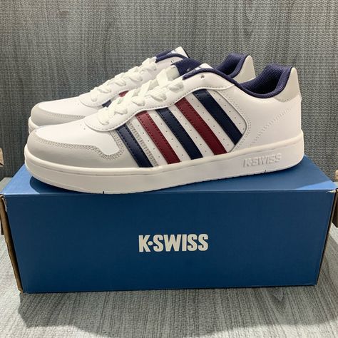 K-Swiss Court Palisades White/Navy/Red Leather 06931-164 Mens Leather Shoes Size 10 New With Box Mens Leather Shoes, K Swiss Shoes, Leather Shoes Men, Mens Leather, Tennis Shoes, Red Leather, Leather Men, Leather Shoes, Shoes Mens