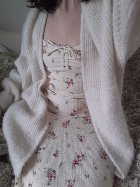 White Floral Dress With Cardigan, Coquette Dress With Cardigan, Cute Dress With Cardigan, White Dress With Cardigan Summer Outfits, Sun Dress With Cardigan, Cardigan Dress Outfit Aesthetic, White Dress Cardigan, White Cardigan With Dress, Sundress And Cardigan Outfit