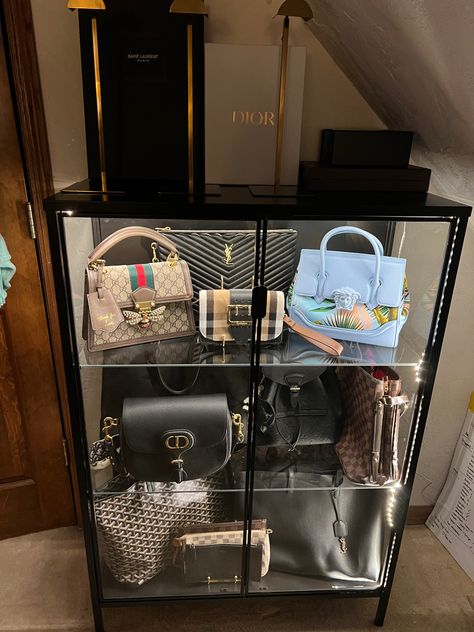 https://www.ikea.com/us/en/p/rudsta-glass-door-cabinet-anthracite-50450137/ Wallet Display, Handbag Stand, Handbag Rack, Ikea Bag, Purse Display, Expensive Purses, Handbag Display, Glass Cabinets Display, Handbag Collection