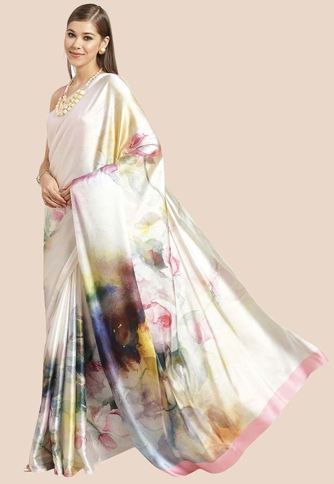 Satin Saree in Off White and Multicolor This attire is Enhanced with Digital Print Available with an Unstitched Satin Blouse in Pink Free Services: Fall and Edging (Pico) Do Note: Accessories and Blouse worn by the Model are for presentation purposes only. (Slight variation in actual color vs. image is possible). Saree Satin, Floral Print Saree, Saree Petticoat, Blouse Images, Sarees For Girls, Floral Print Sarees, Crepe Saree, Plain Saree, Print Saree