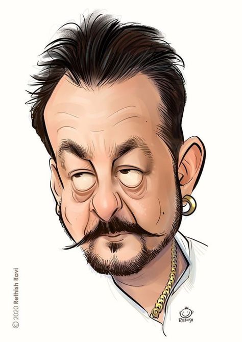 Indian Caricature Sketch, Indian Comic Face, Celebrity Cartoon Drawings, Caricature Drawing Celebrities, Caricature Painting, Sanju Baba, Funny Face Drawings, Caricature Sketch, Drawing Cartoon Faces