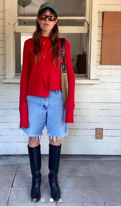 Read Sweater Outfit, Red Boots Street Style, Tall Boots Winter Outfit, Fall Baseball Cap Outfit, Rain Date Outfit, Jorts Outfit Fall, Winter Jorts Outfit, Sweater With Jorts, Date Outfit Summer Night