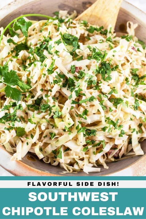 This Southwest Chipotle Coleslaw recipe is an easy side dish that's full of smoky flavor! It's made with shredded fresh cabbage and tossed in a homemade tangy chipotle lime mayo dressing. This gluten free coleslaw is topped with cilantro. It's perfect for potlucks or picnics. This cabbage slaw is perfect for tacos or any of your favorite Tex Mex or Mexican dishes! It's smoky and a little spicy. It's delicious on top of chicken, shrimp, pork, or beef tacos and Southwest recipes. Gluten Free Coleslaw, Cilantro Lime Mayo, Chipotle Coleslaw, Barbeque Menu, Coleslaw Recipes, Southwest Recipes, Mayo Dressing, Summer Barbeque, Fantastic Recipes