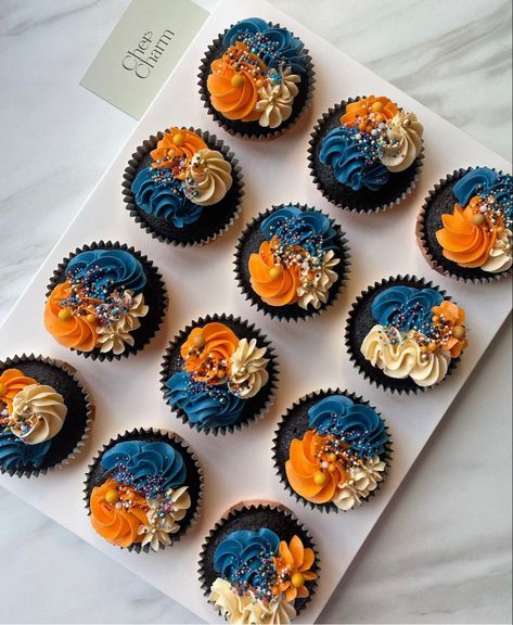 Orange Graduation Cake, Orange And Blue Candy Table, Orange And Blue Graduation Cake, Blue And Orange Cupcake Ideas, Teal And Orange Cupcakes, Yellow And Blue Cupcakes, Blue And Orange Cupcakes, Blue And Orange Cake, Orange And Blue Wedding Cake