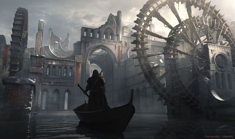 ArtStation - The ruin of canal city, Masahiro Sawada Canal City, Abandoned City, Fantasy Maps, Fantasy City, Fantasy Setting, D&d Dungeons And Dragons, Fantasy Places, Fantasy Adventure, Art Station