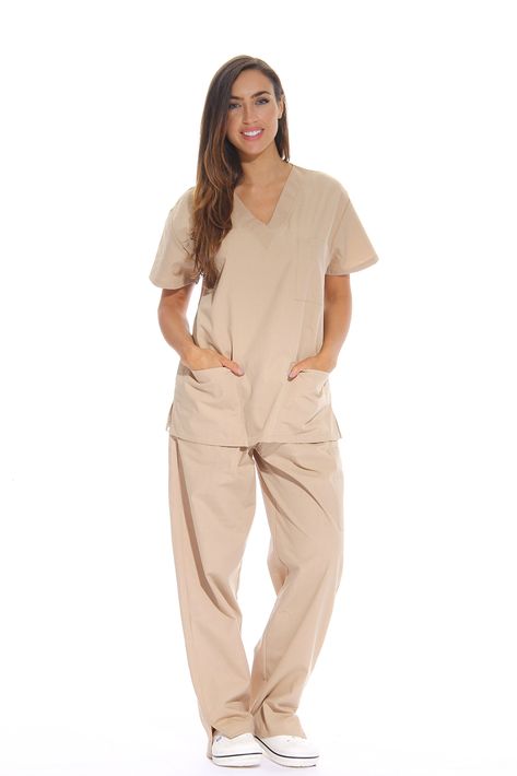 PRICES MAY VARY. ALL DAY COMFORT: These medical scrubs for women feel soft on the skin, are comfortably roomy, and are designed with a functional drawstring and elastic band for a great fit at the hips. GREAT QUALITY SCRUBS: We’ve used a high quality blend of 55% cotton and 45% polyester that isn’t see through, and reinforced seams and stitching for extra-durable nursing uniform scrubs. LOTS OF POCKETS: The V-neck medical scrubs sets for women come with 6 pockets to give you convenient storage r Medical Scrubs For Women, Scrubs For Women, Scrubs Nursing Uniforms, Nursing Scrubs, Scrubs Uniform, Lab Coats, Women Nurse, Safety Clothing, Womens Khakis