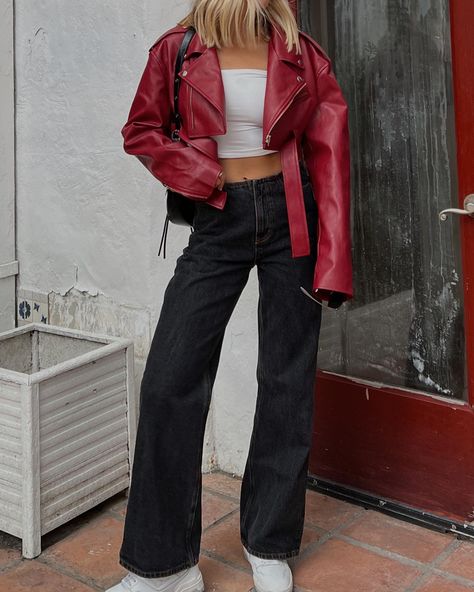 Short Red Leather Jacket Outfit, Cropped Red Leather Jacket Outfit, Red Crop Jacket Outfit, Vintage Red Leather Jacket Outfit, Leather Red Jacket Outfit, Red Winter Outfits Aesthetic, Dark Red Jacket Outfit, Red Leather Aesthetic, Deep Red Outfits