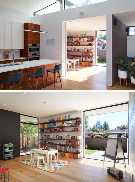 This modern house has a play room that opens to a small front garden. #PlayRoom #InteriorDesign Garden Playroom, Outer Space Landscape, Small Playroom, Space Landscape, Living Room Playroom, Open Plan Kitchen Living Room, Open Plan Living Room, Extension Ideas, Landscape Architects