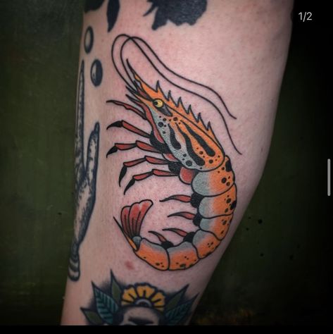 Traditional Shrimp Tattoo, American Traditional Fish, Traditional Sea Tattoo, Tattoo Dino, Shrimp Tattoo, Most Beautiful Tattoos, Trout Tattoo, Infinity Tattoo With Feather, Rare Tattoos