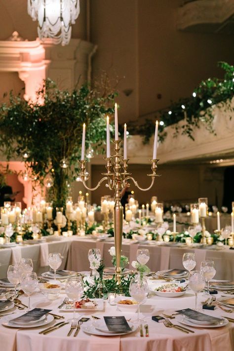 Romantic, Glamorous & Greenery filled Ceremony & Reception at Civic Theatre New Orleans New Orleans Wedding Reception, Wedding White Flowers, Wedding Table Design, Candlelit Wedding, Wedding Reception Decor, New Orleans Wedding, Wedding White, Wedding Color Palette, Reception Decor