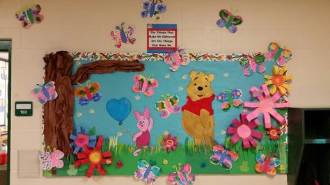 Winnie the Pooh Bulletin board Winnie The Pooh Bulletin Board, Winnie The Pooh Ideas, Art Deco Party Decorations, Day Care Room Ideas, Soft Board Decoration, Beach Theme Classroom, Classroom Decor Ideas, Art Ideas For Teens, Art Preschool