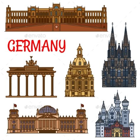 Historic Buildings and Sightseeings of Germany by seamartini Historic sightseeings and buildings of Germany. Vector icons of Brandenburg Gate, Reichstag, Neuschwanstein Castle, Cologne Cathed Germany Landmarks, Architecture Icons, Germany Photography, Retro Posters, Brandenburg Gate, Berlin City, Building Illustration, German Language Learning, Neuschwanstein Castle