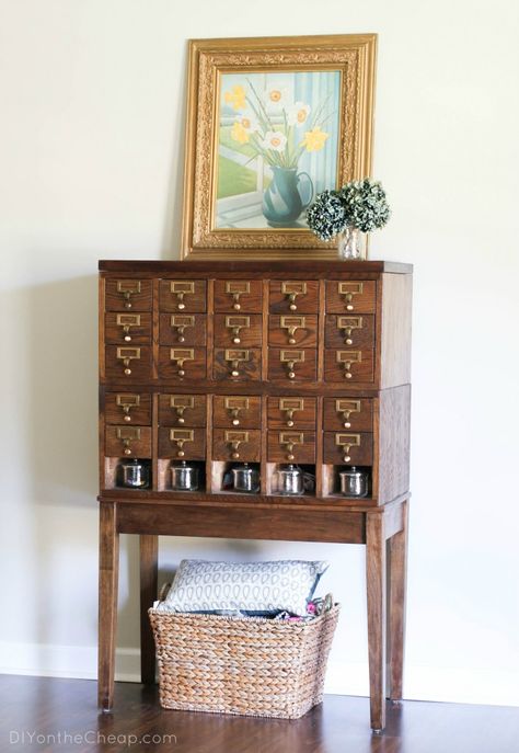 Card Catalog Diy, Card Table Makeover, Library Card Catalog Cabinet, Card Catalog Cabinet, Vintage Cards Handmade, Library Cabinet, Salvaged Decor, Library Card Catalog, Vintage Catalog