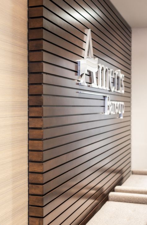 Accent Wall For Business, Company Logo Wall Design Offices, Accent Wall With Business Logo, Accent Wall Commercial Design, Reception Accent Wall, Logo Feature Wall, Business Accent Wall, Accent Wall With Logo, Wooden Cladding Interior Wall