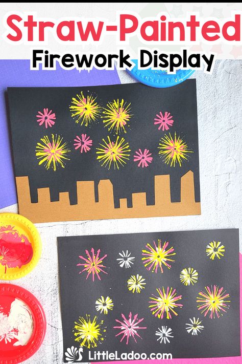 Straw Painted Firework Craft Firework Crafts For Toddlers, Bonfire Crafts, Diy Party Mask, Straw Painting, Firework Craft, Fireworks Craft For Kids, Rainbow Fish Crafts, Diwali Fireworks, Firework Painting