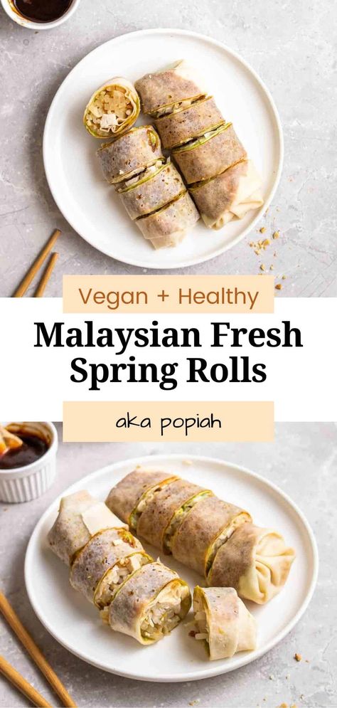 This tasty spring rolls recipe, or popiah, is a really popular Malaysian delicacy. Filled with cooked veggies and tofu, they are fresh, flavorsome and tasty. They are also simple and easy to make, too!