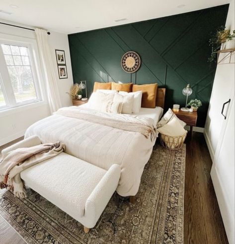 Number 2! Go to TikTok and Cast your vote @ jaymiesmith1112! Bedroom Forest Green Accent Wall, Bedroom Green And Gold Decor, Dark Green Wall Master Bed, Green Wall White Bed, Dark Green Bedroom With Gold Accents, Bedroom Inspirations Master Dark Green, Boho Master Room Bedroom Ideas Green, Master Bed Color Ideas, Master Bedrooms Decor Emerald Green