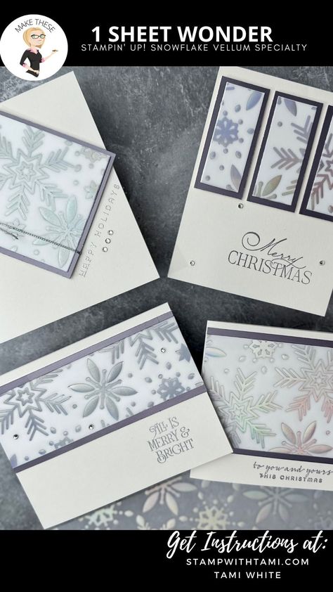 If you are looking for Holiday Cards that WOW and are quick and easy, the Stampin' Up! Snowflake Vellum Specialty paper is a perfect choice. I made a set of 14 gorgeous iridescent and shimmery cards with 1 sheet of the the specialty paper. Then I stepped the same piece of specialty paper with some Silver Foil, Silver Cord and Rhinestones for a set of 14 WOW cards. Party Crackers, Snowflake Cards, One Sheet Wonder, Merry Christmas Happy Holidays, Stampin Up Christmas Cards, Paper Snowflakes, Stampin Up Christmas, Diy Stationery, Specialty Paper