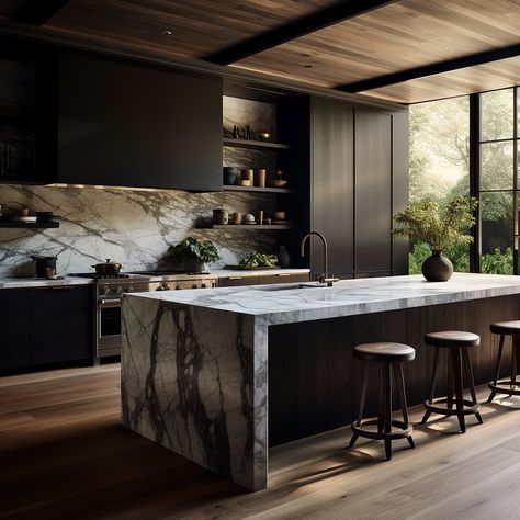 Industrial Contemporary Kitchen, Moody Masculine Interior Design, Moody Contemporary Kitchen, Modern Masculine Kitchen, Masculine Kitchen Ideas, Loft Kitchen Ideas, Modern Dark Kitchen, Dramatic Marble, Masculine Kitchen