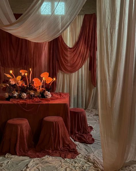 All Posts • Instagram Halloween Moodboard, Pink Tablescape, Wedding Reception Tablescapes, Chair Covers Party, Baroque Wedding, Draping Styles, Summer Wedding Ceremony, Fabric Installation, Red Drapes