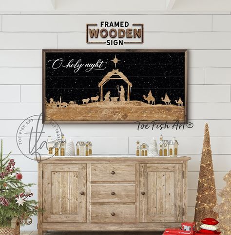 Nativity Sign, Long Christmas Signs, Christmas Wall Decor Ideas For Living Room, Large Wall Christmas Decor, Kitchen Christmas Decorations Farmhouse, Christian Christmas Decor, Christian Christmas Decorations, Shiplap Wood, Modern Farmhouse Wall Decor