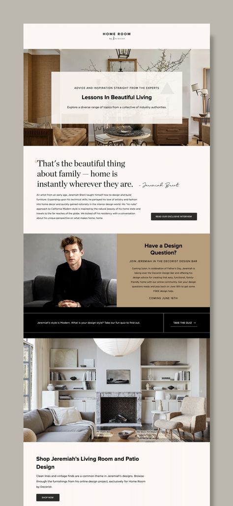 We envisioned both the Home Room branding and website design feeling clean and neutral and to exist as the perfect backdrop to showcase the featured tastemaker. The website is editorial, approachable, easy to navigate, and intentionally designed to evolve with the brand. Newsletter Design Real Estate, Website Colors, Website Design Inspiration Layout, Lookbook Design, Web Design Marketing, Ui Design Website, Business Website Design, Website Ideas, Portfolio Web Design