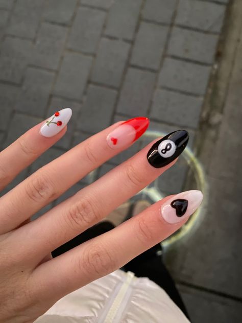 cherry nails, valentine nails, vegas nails, black ball nails Nails Vegas, Nail Art Designs Short, Ball Nails, Nails Cherry, Nail 2024, Vegas Nails, September Nails, Punk Nails, Cherry Nails