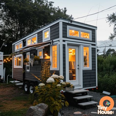 Check out this adorable tiny house on wheels! It's designed in the classic Cape Cod style, with a charming combination of Charcoal Gray and White. The large glass windows add a touch of elegance. Which design element would you incorporate into your own home? #tinyhouse #architecture #CapeCodDesign House With Black Metal Roof, White Tiny House, Large Glass Windows, Black Metal Roof, Cape Cod Style, Camper Renovation, Tiny House On Wheels, Architectural Designs, House On Wheels