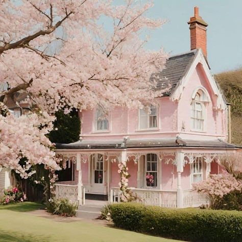 Cottage House Aesthetic, Cottagecore Houses, Pink Victorian House, Pink House Exterior, Cottagecore Victorian, Cottage House Exterior, Fairytale Houses, Cottagecore House, Small Cottages