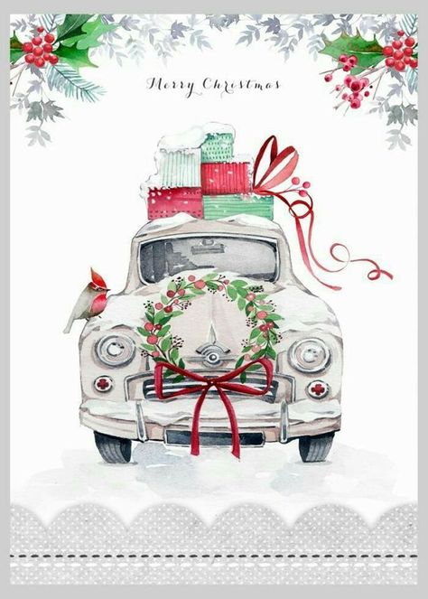 Christmas Car, Christmas Truck, Vintage Diy, Noel Christmas, Vintage Christmas Cards, Christmas Paintings, Christmas Illustration, Christmas Love, Christmas Images