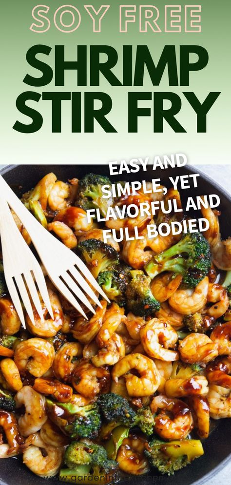 Shrimp and broccoli in a skillet with two small wooden forks Dairy And Soy Free Shrimp Recipes, Whole 30 Shrimp Stir Fry, Gluten Free Shrimp Stir Fry, Soy Free Stir Fry Sauce, Stir Fry Recipes Without Soy Sauce, Dairy And Soy Free Recipes Dinners, Gluten And Dairy Free Shrimp Recipes, Gluten Free Shrimp Recipes For Dinner, Shrimp Recipes Gluten Free Dairy Free