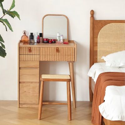 Small Vanity With Mirror, Small Wood Vanity Bedroom, Small Table In Bedroom, Natural Wood Makeup Vanity, Narrow Vanity Table, Small Vanity Table Ideas, Small Vanity In Bedroom, Makeup Vanity Minimalist, Small Space Vanity Ideas Diy