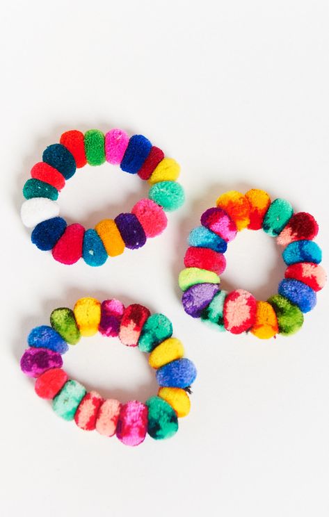 Pamela V ~ Sara Pom Pom Scrunchie ~ Multi Colored  | Show Me Your Mumu Pom Pom Hair Ties, Elastic Rope, Wedding Jewelry Bracelets, Scrunchie Hairstyles, Bottom Clothes, Wedding Bracelet, Scarf Hairstyles, Black Beads, Beautiful Bracelet