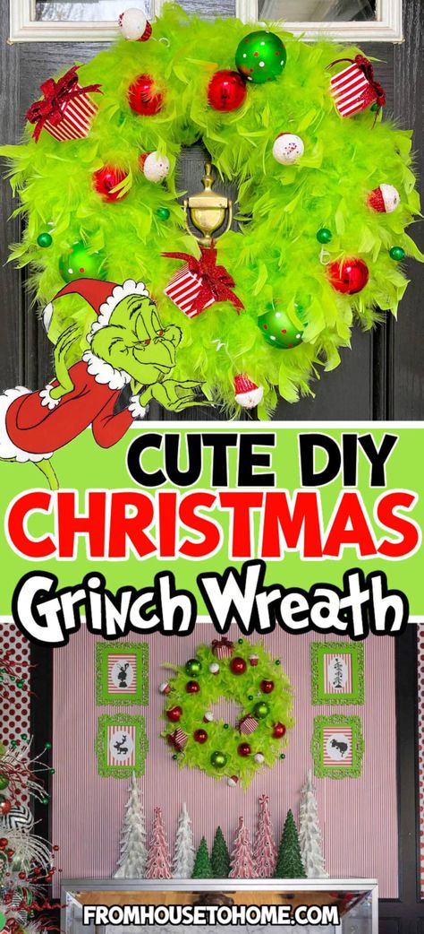 Cute DIY Christmas Grinch wreath The Grinch Wreath Easy Diy, Easy Grinch Decorations, Grinch Wreath Ideas Diy, Grinch Wreath Diy Front Doors, Grinch Diy Crafts, Diy Whimsical Christmas Decor, Grinch Diy Christmas Decorations, Grinch Christmas Wreath Diy, Grinch Wreath Diy