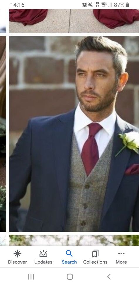 Men in Navy Blue suits/tuxes with burgundy tie and grey/silver/white accents Men In Navy Blue Suits, Navy Blue And Burgundy Suit, Navy And Burgundy Suit, Blue And Burgundy Suit, Burgundy Silver Wedding, Navy Blue Suits, Navy Blue Suit Wedding, Burgundy And Grey Wedding, Wedding Suits Men Blue